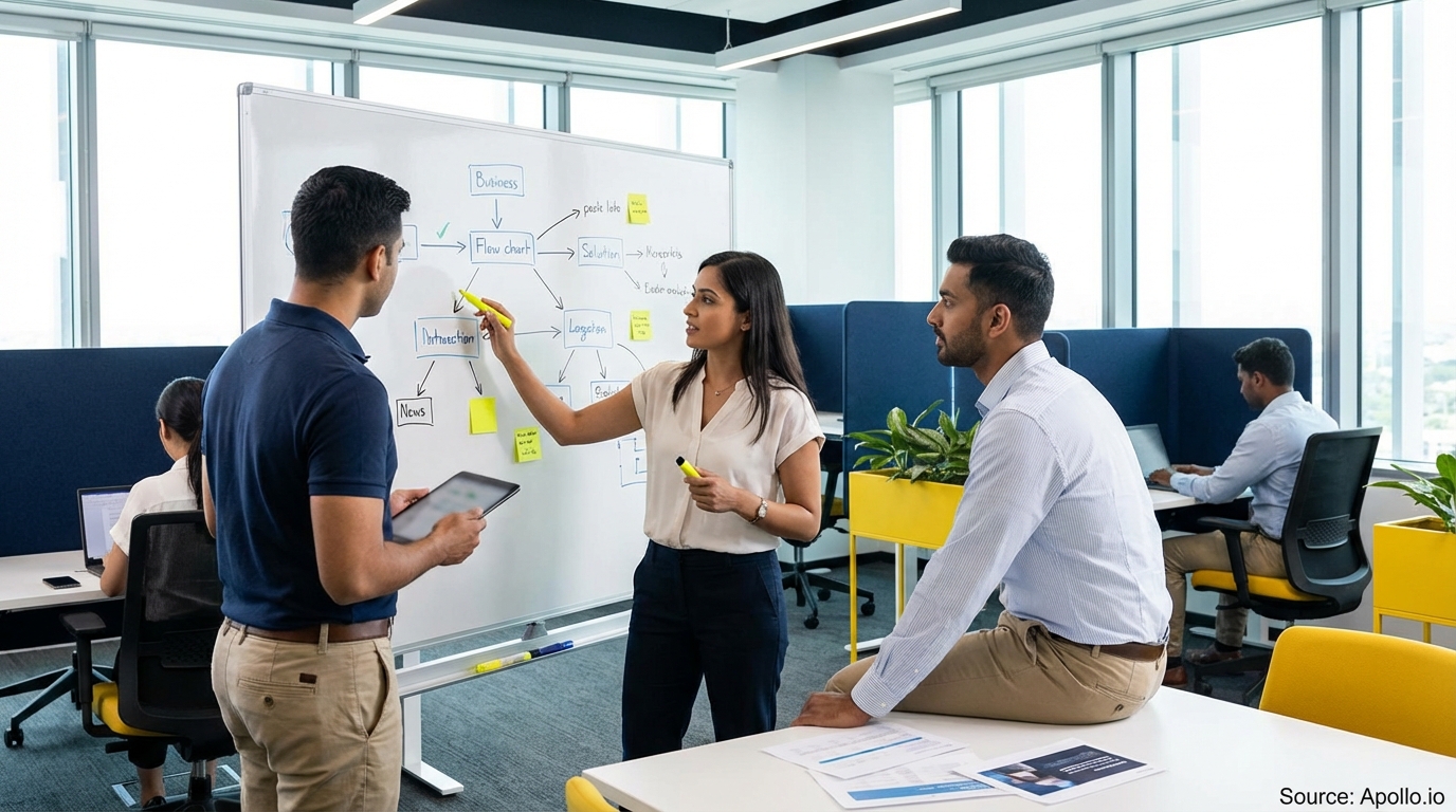 Team reviewing hand-drawn charts on a whiteboard analyzing performance data