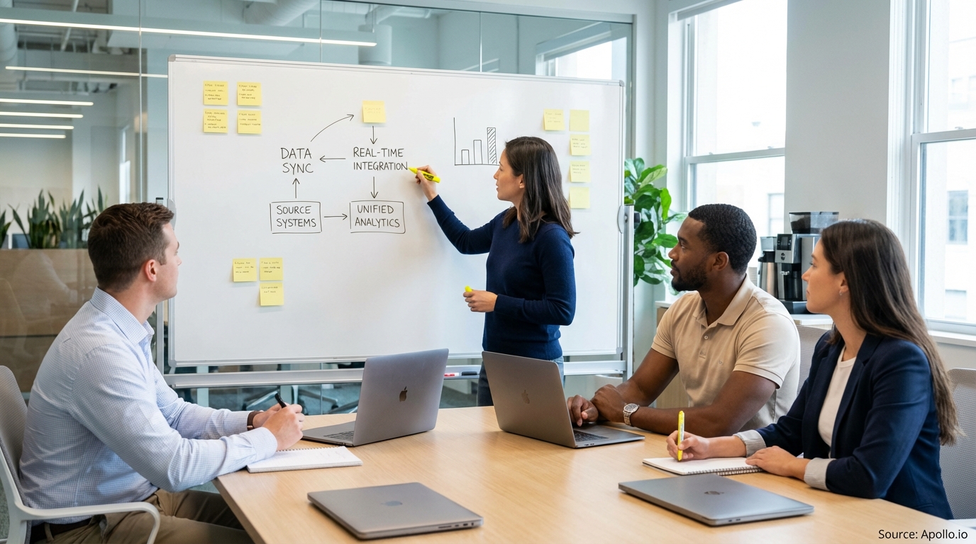 Professional presenting insights on a whiteboard to colleagues analyzing performance data