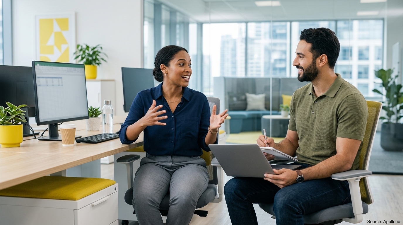 Two professionals collaborate in a bright, modern office, one gesturing while explaining and the other taking notes.