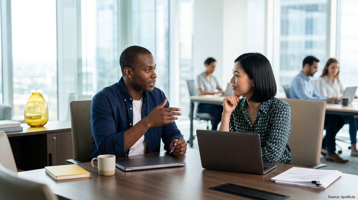 Two professionals discuss work at a desk in a bright, modern office with other colleagues working nearby.