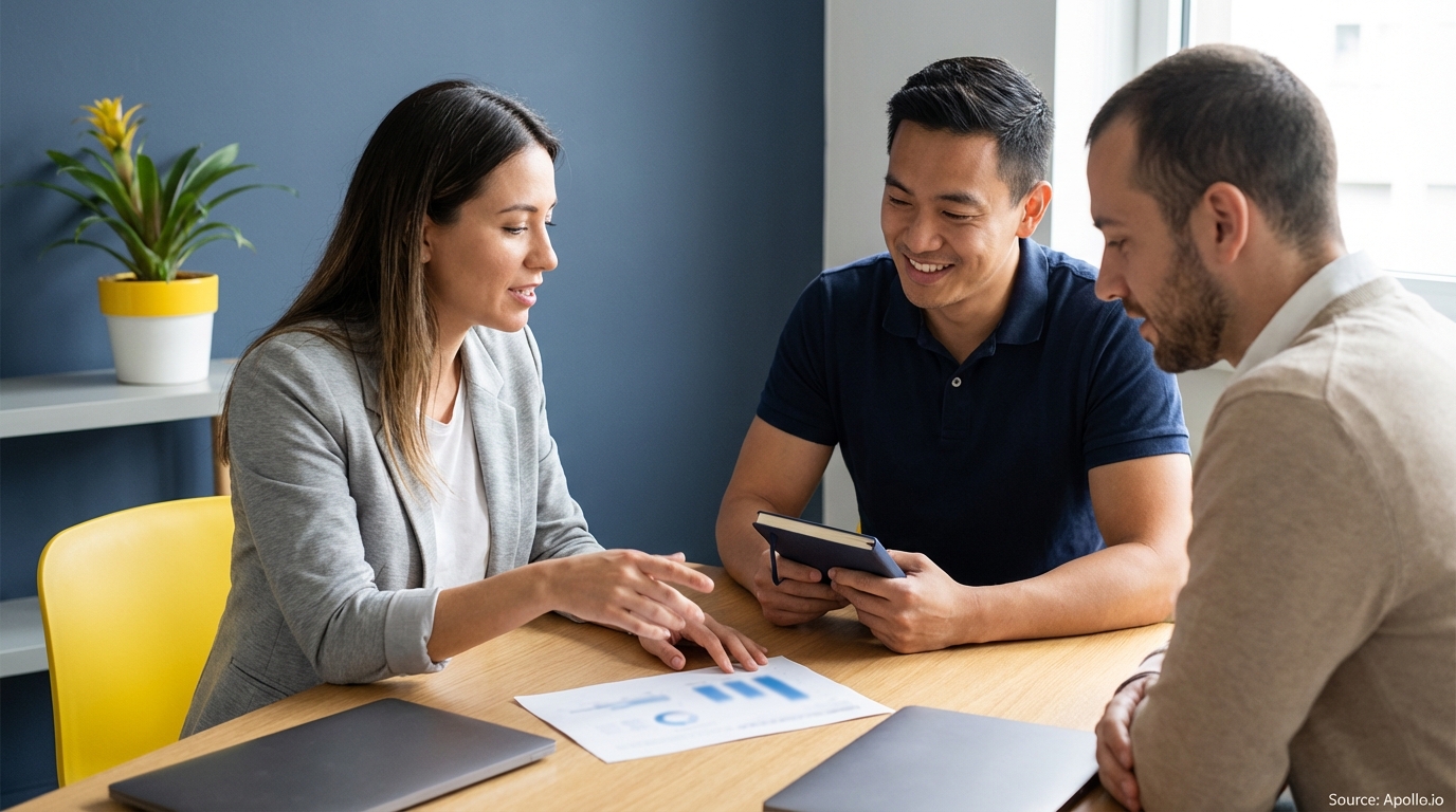 Three professionals discussing a chart at a modern office table with laptops.