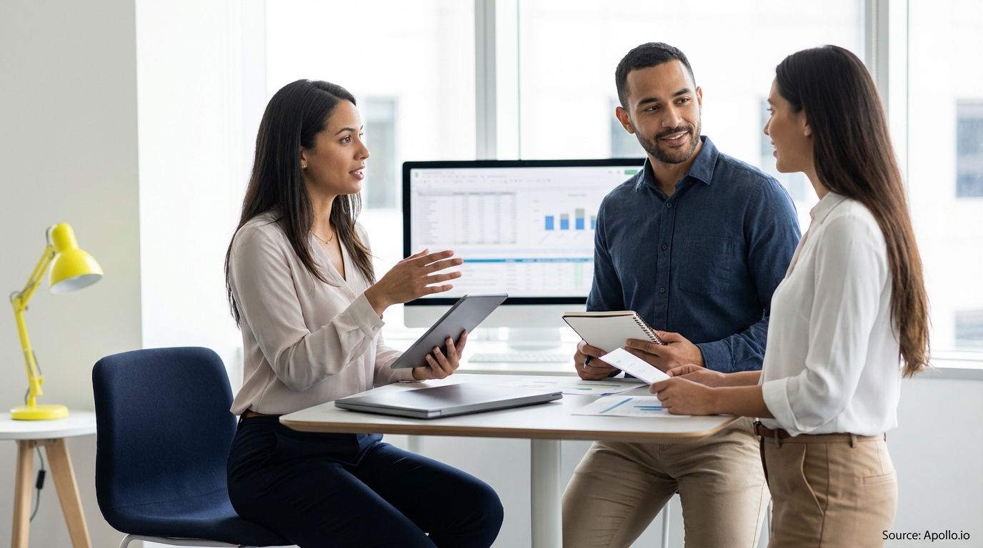 Three diverse professionals discussing data at a modern office table.