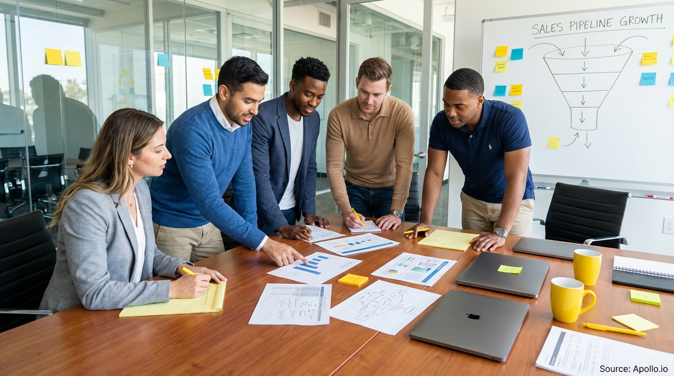 Sales professionals discussing strategy around a conference table in a sales team meeting