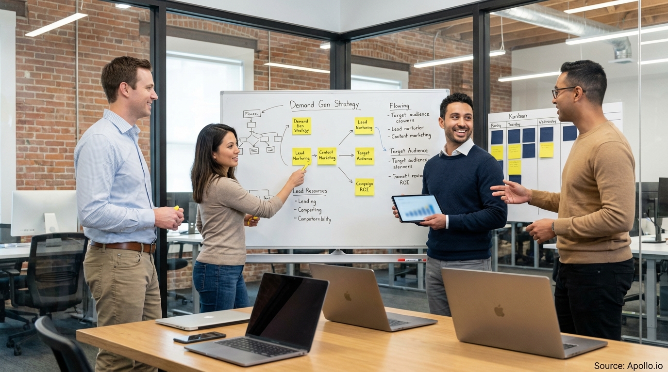 Team having a focused discussion around a meeting table in a modern workplace
