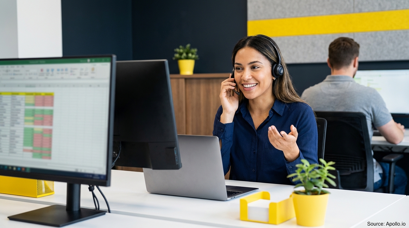 Sales development rep on a call wearing a professional headset reviewing lead generation strategies