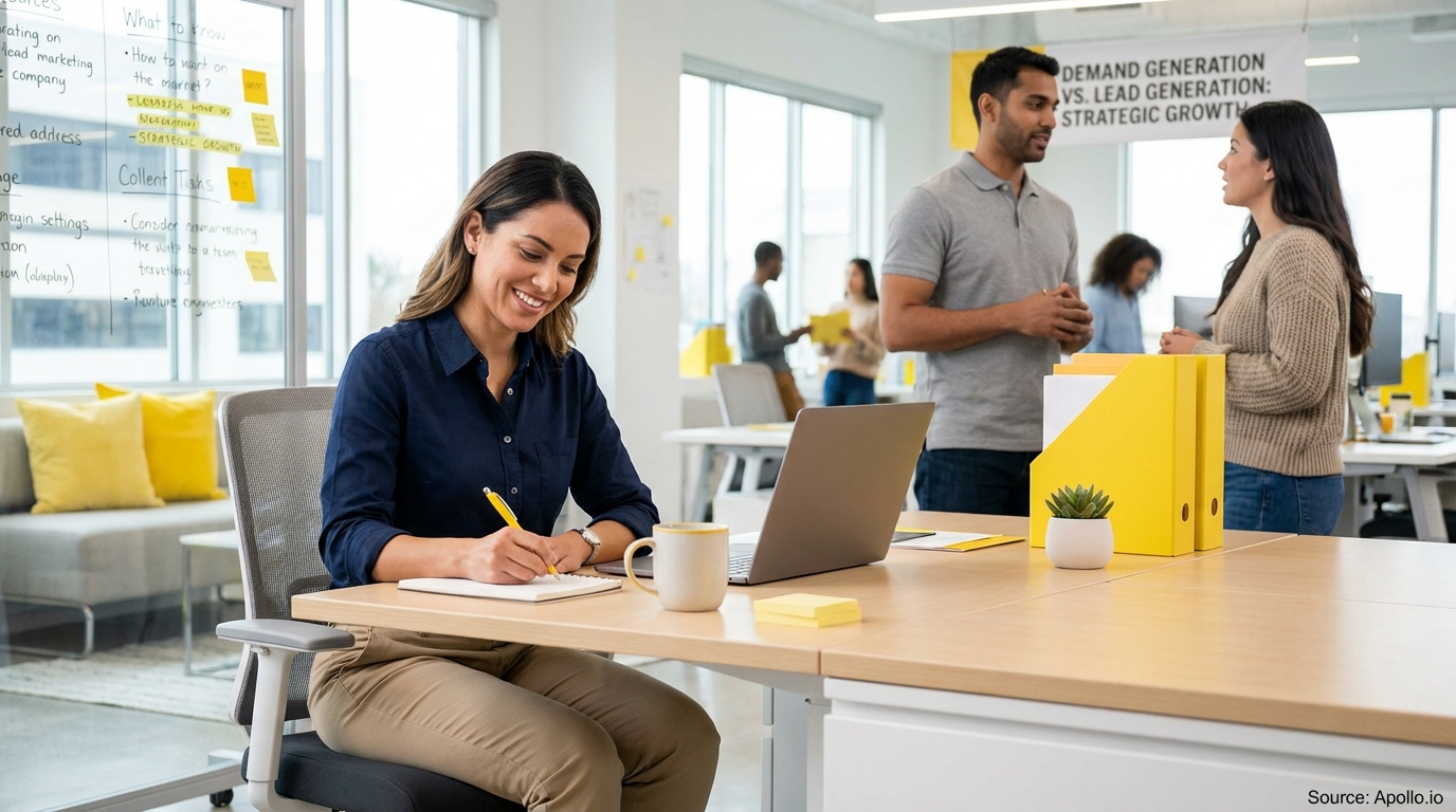 Professional researching leads on laptop at a clean desk reviewing lead generation strategies