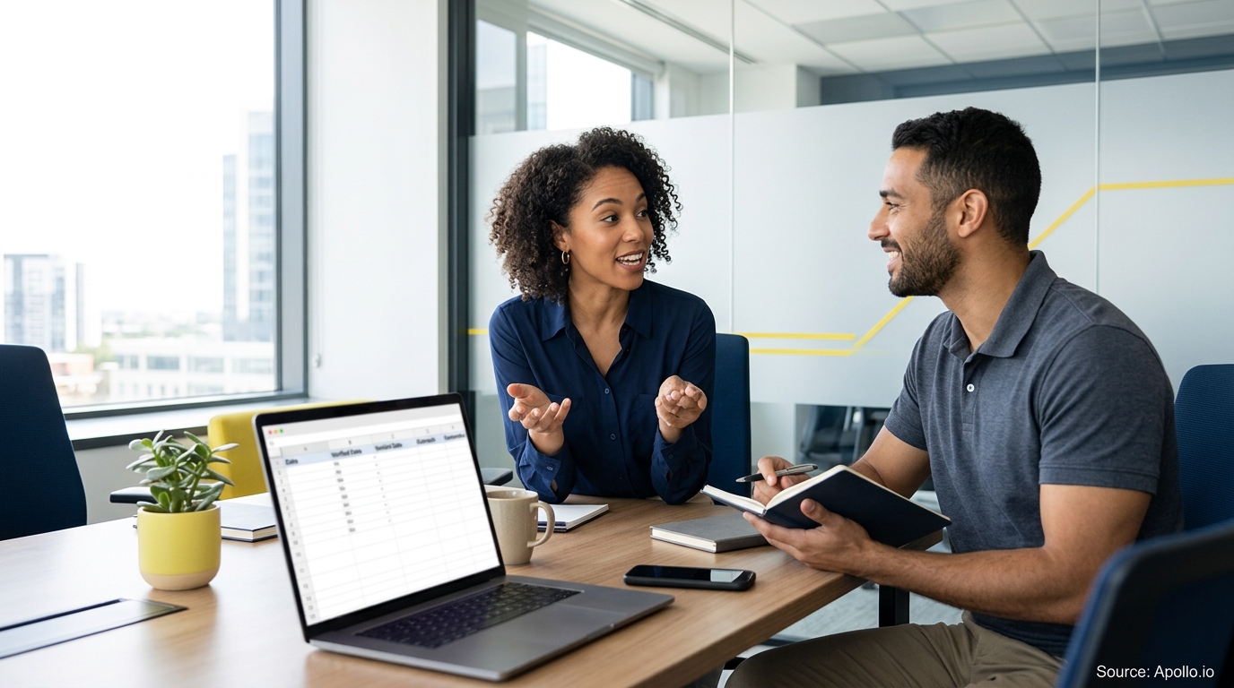 Two professionals discuss data on a laptop while sitting at a conference table in a bright, modern office.