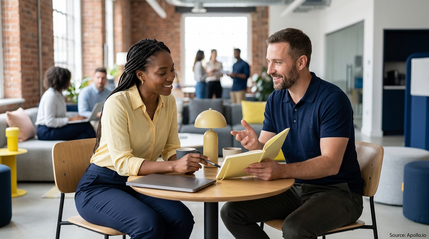 Two professionals review notes in a notebook at a table in a bright, modern open-plan office.