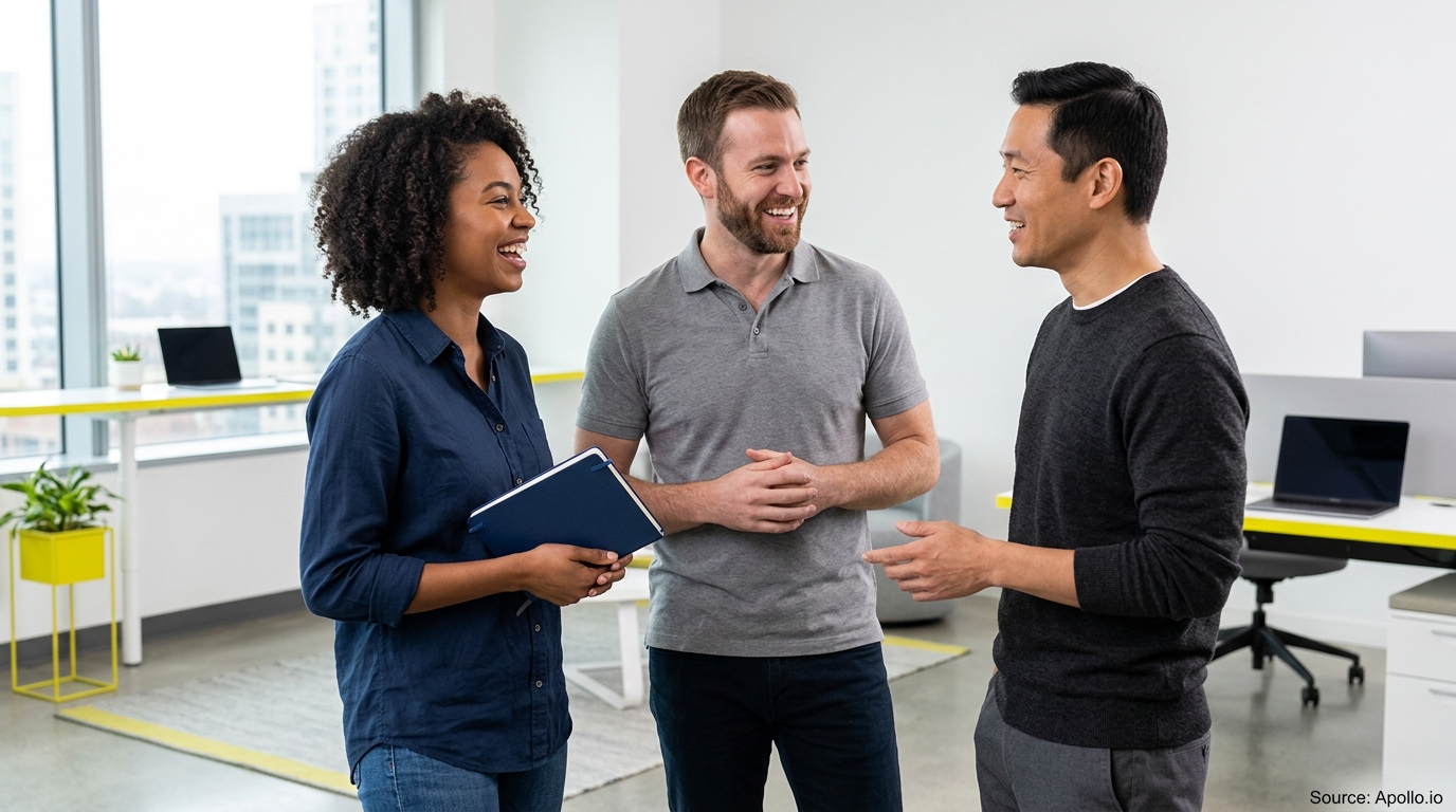 Three professionals laughing and talking in a bright, contemporary office setting.