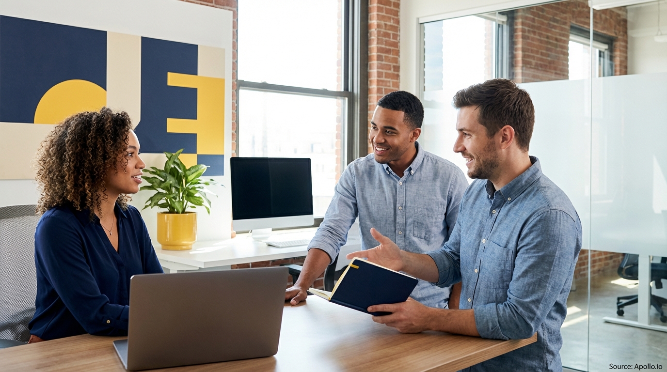 Three professionals review notes and a laptop at a bright office desk.