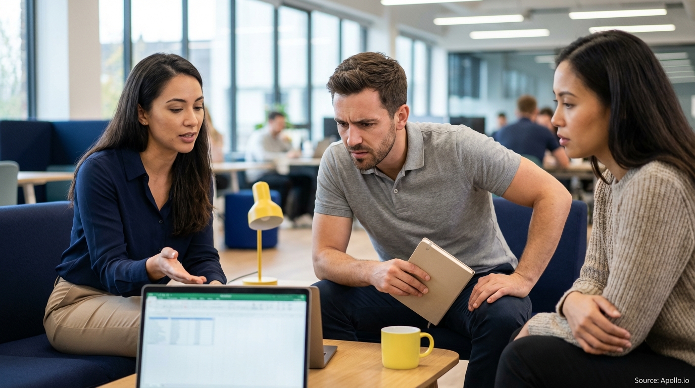 Three colleagues discuss a spreadsheet on a laptop in a modern office.