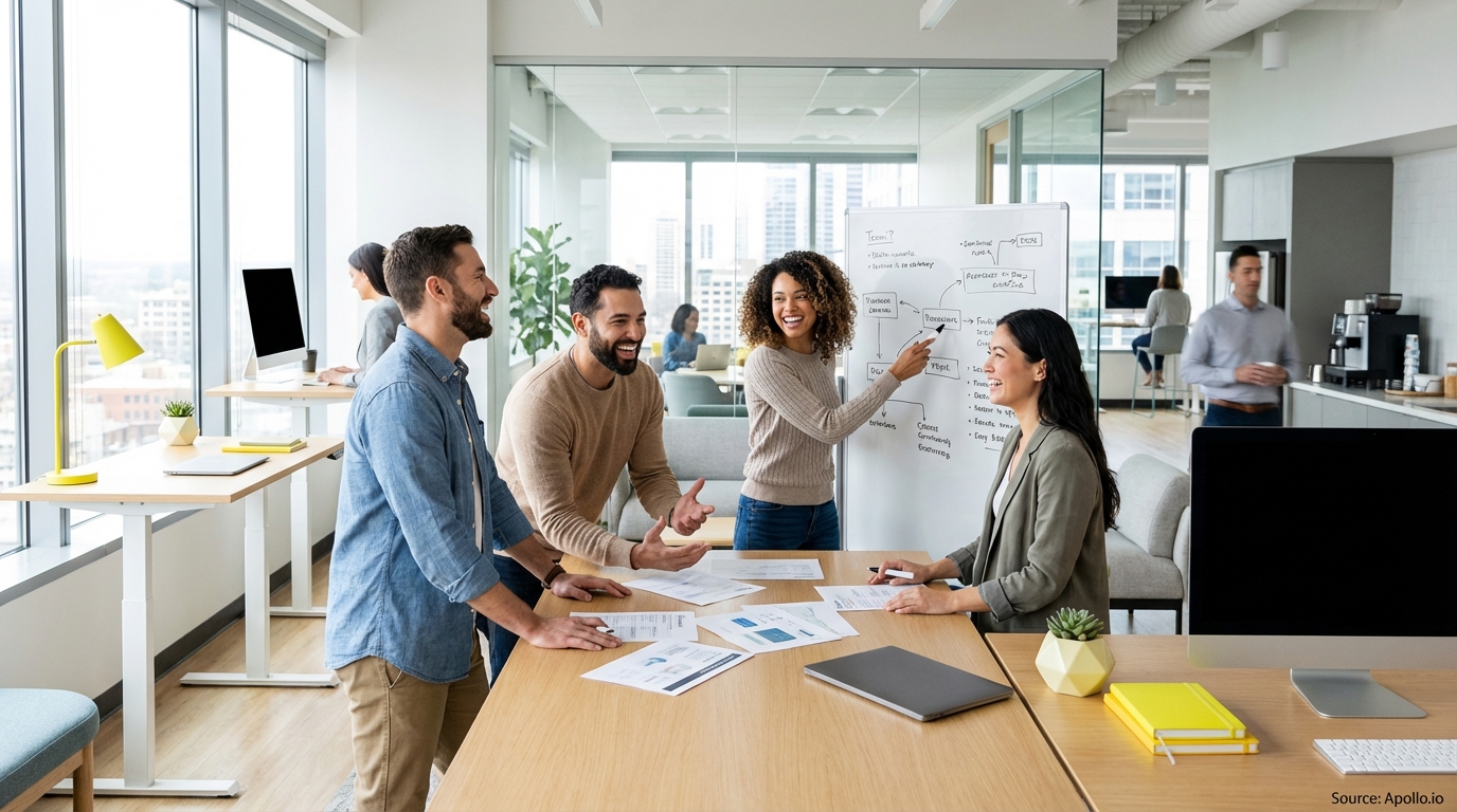 Sales team collaborating in a modern open-plan office in a sales team meeting