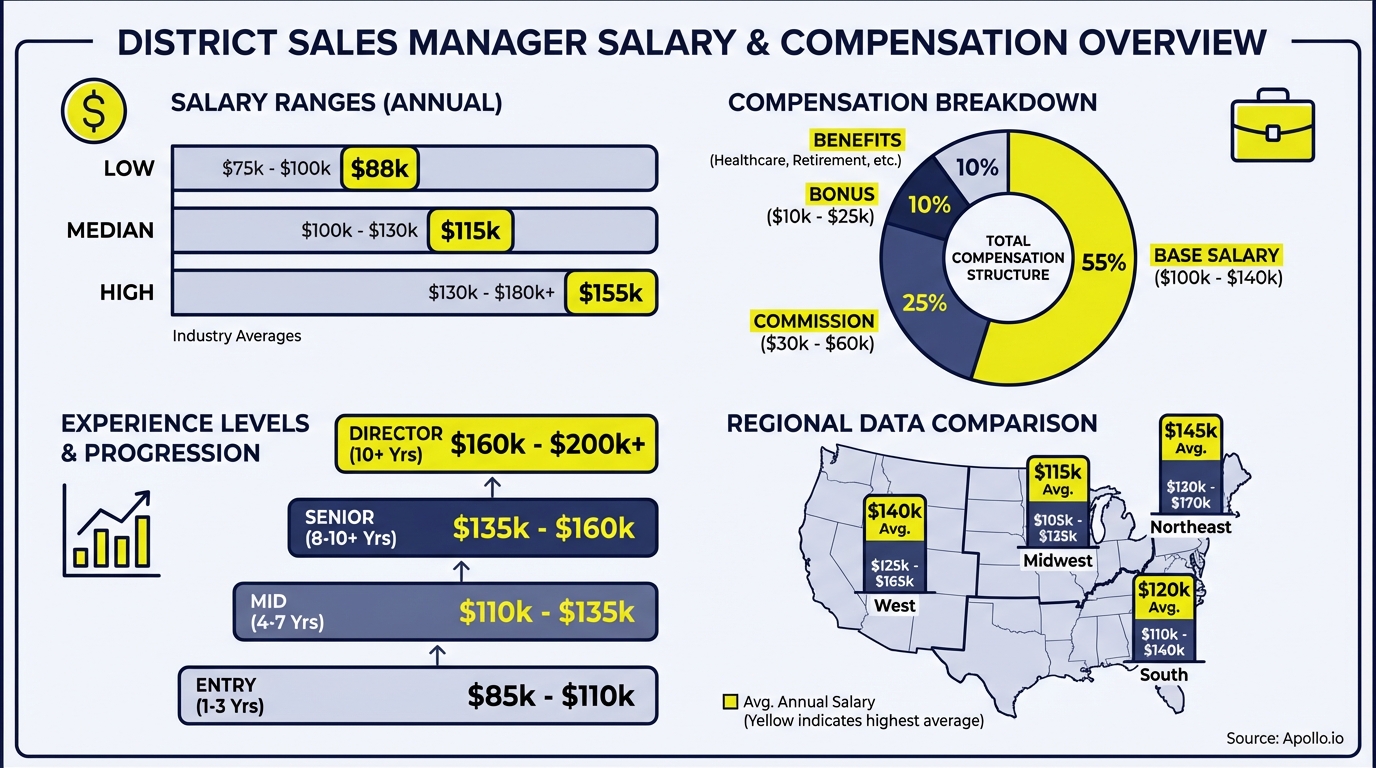 Infographic detailing district sales manager salary ranges, compensation breakdown, experience levels, and regional averages.