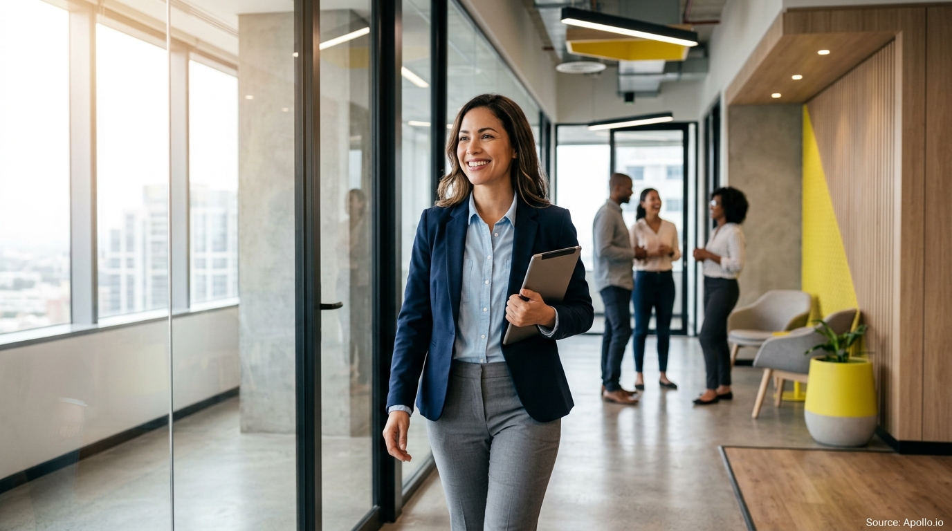 Smiling woman walks through a modern office holding a tablet while three colleagues talk in the background.