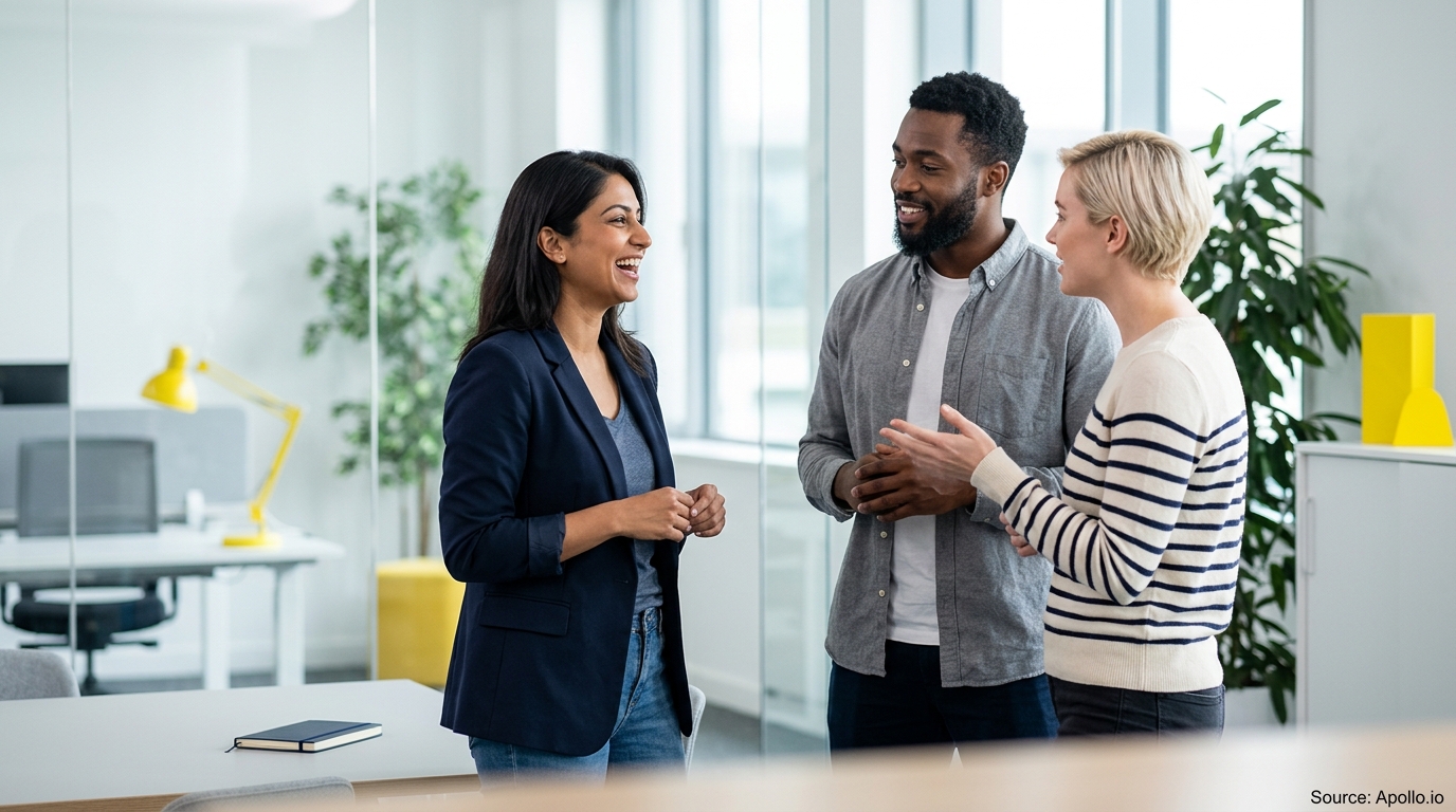 Three diverse professionals smile and talk while standing in a bright, modern office space.