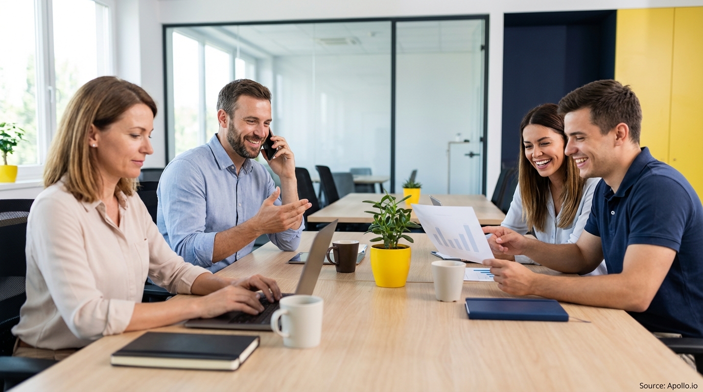 Four colleagues collaborating in a modern office, two discussing charts, one on phone, one typing.