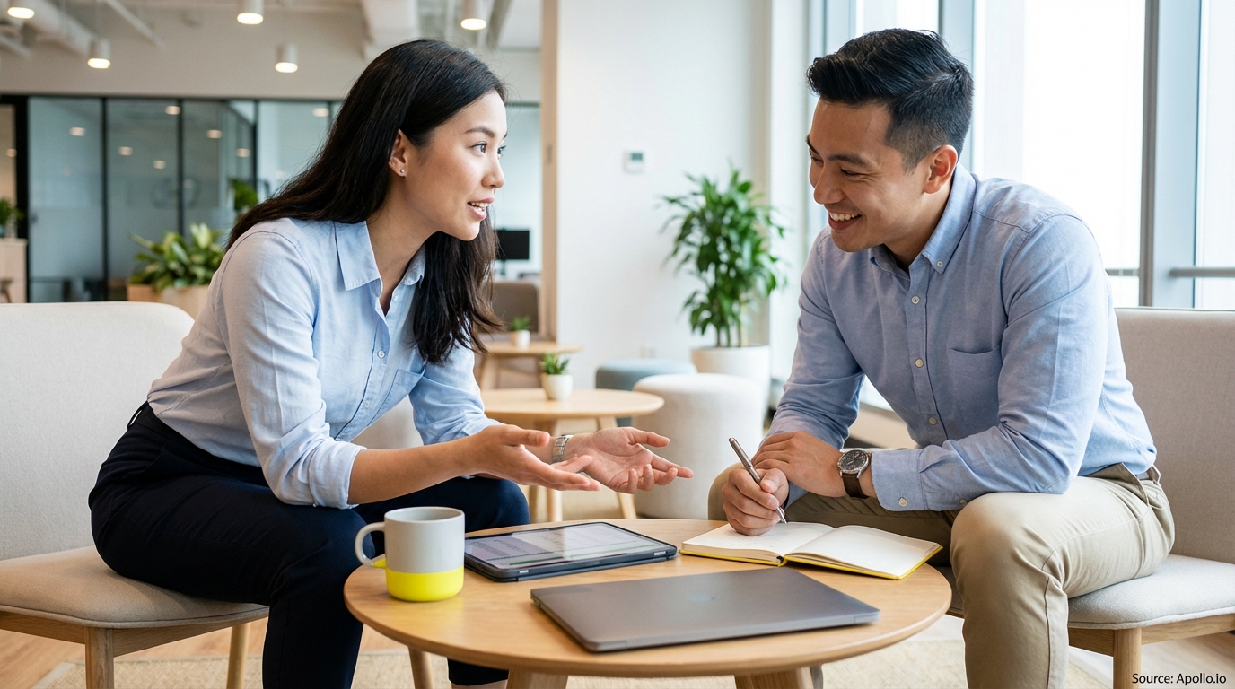 Two professionals discuss in a bright office lounge, one gesturing while the other writes.