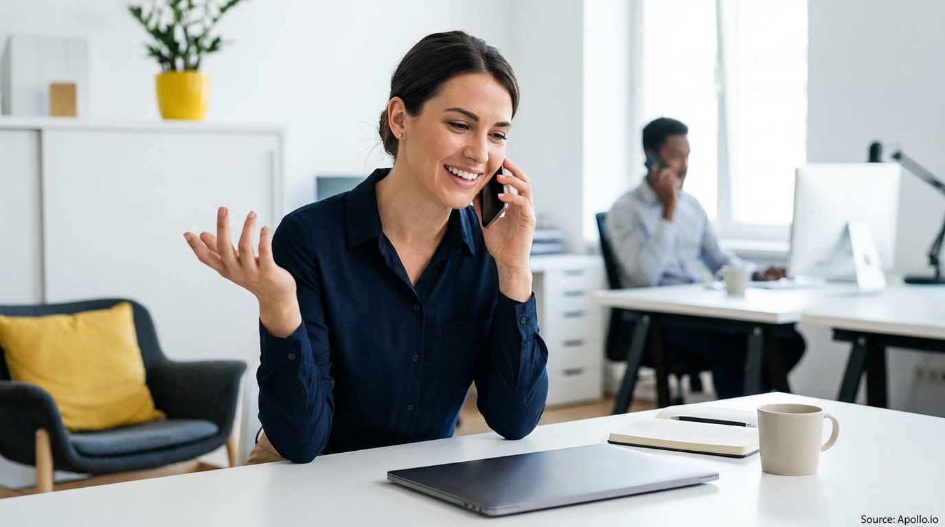 Smiling woman talks on phone at an office desk, a man works at a computer in back.