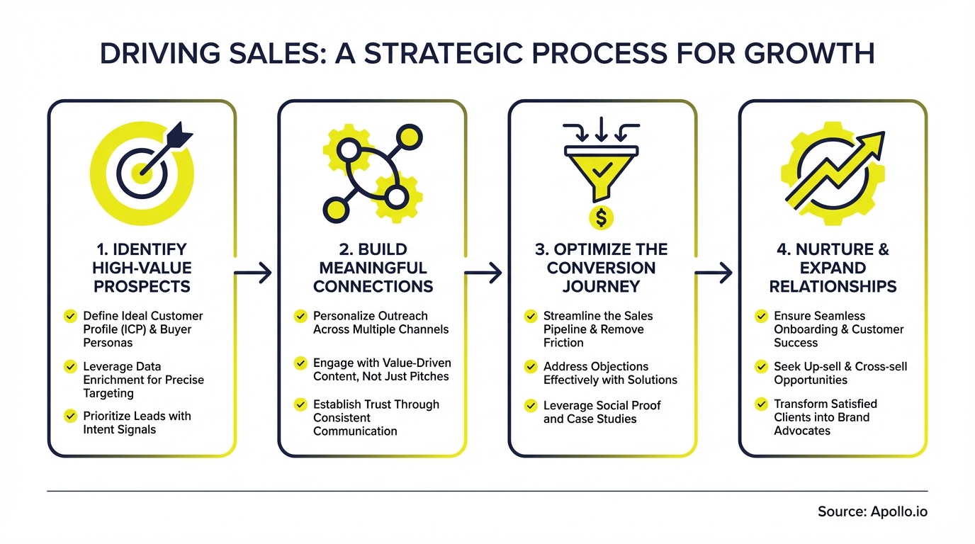 Infographic outlines four strategic steps for driving sales, from identifying prospects to nurturing relationships.