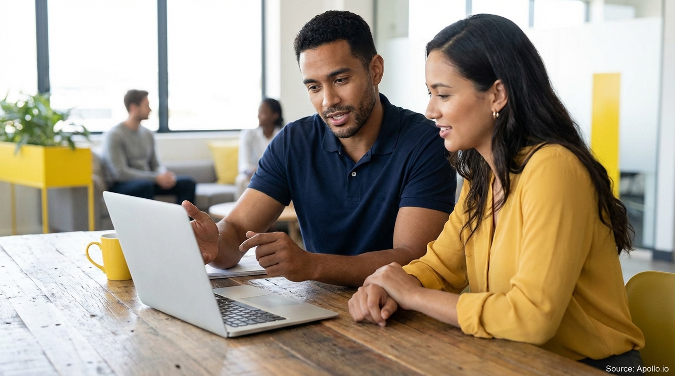 Two colleagues discuss work on a laptop at a wooden table in a modern office.