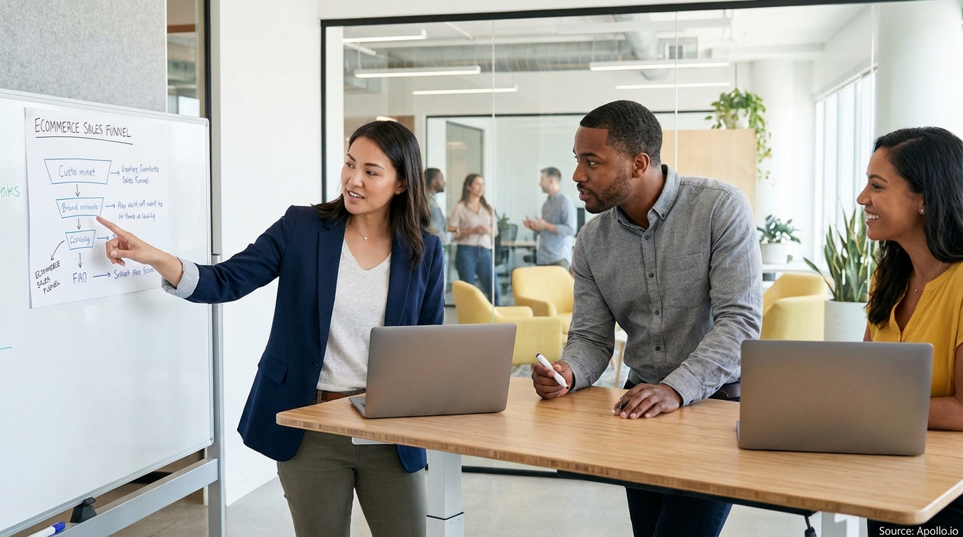 Sales team collaborating in a modern open-plan office in a sales team meeting