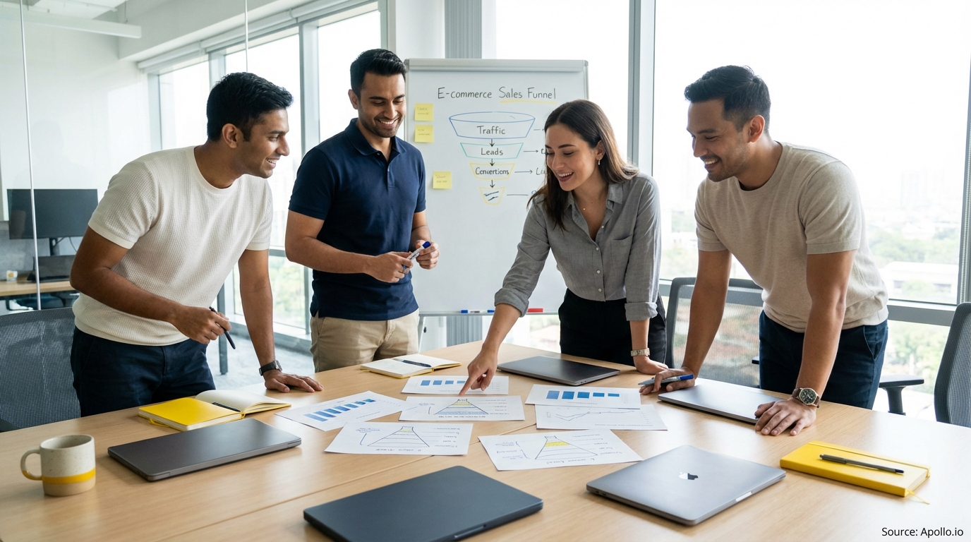 Sales professionals discussing strategy around a conference table in a sales team meeting