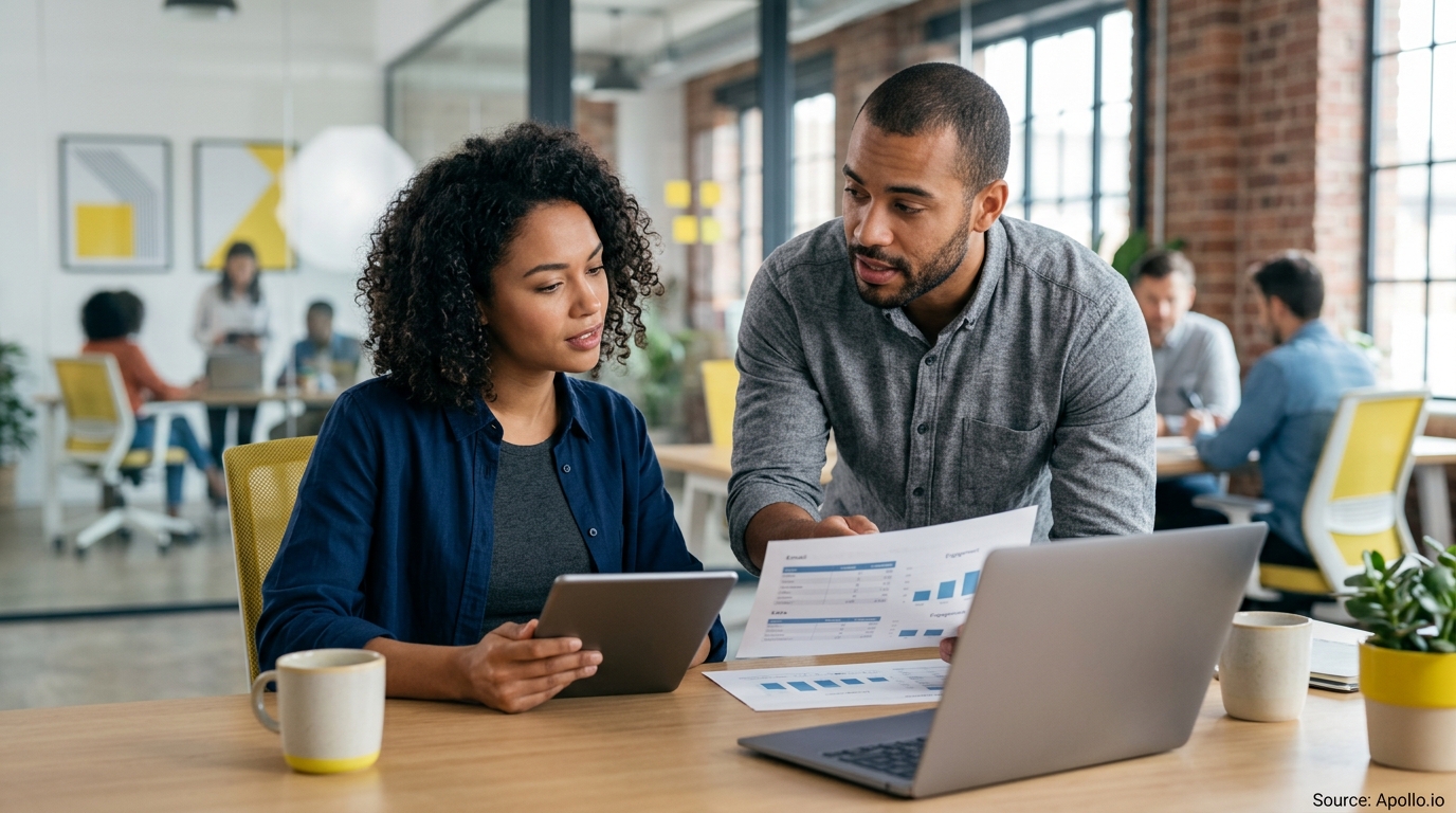 Two colleagues analyze digital reports on a tablet and laptop in a modern, collaborative office workspace.