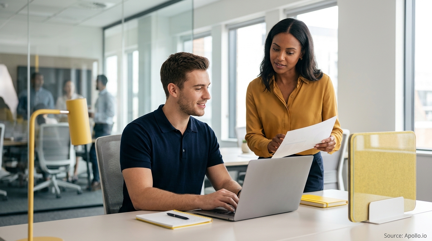 Two colleagues review information on a laptop and a printed document in a bright, modern office.