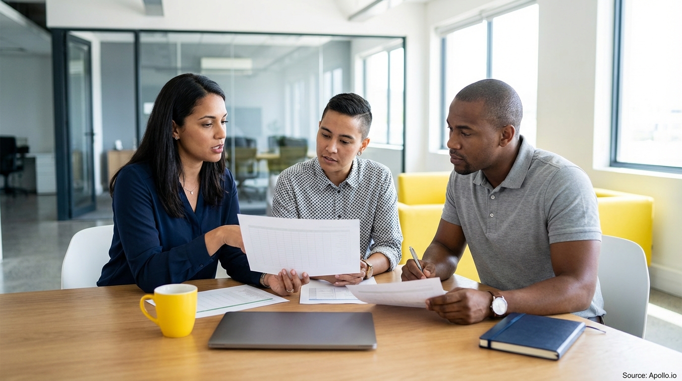 Three professionals discuss documents at a table in a modern office.