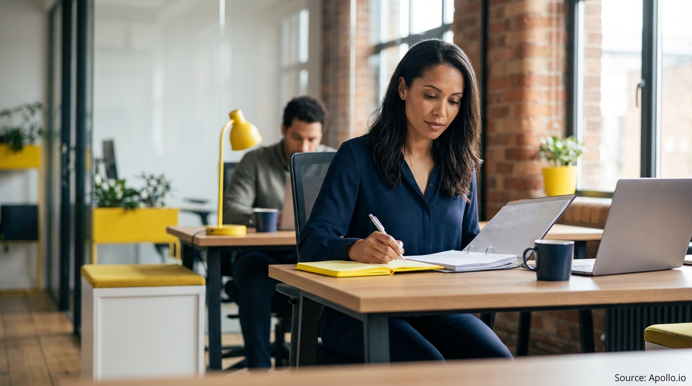 A woman writes at her desk, while a man works on a laptop in a modern office.