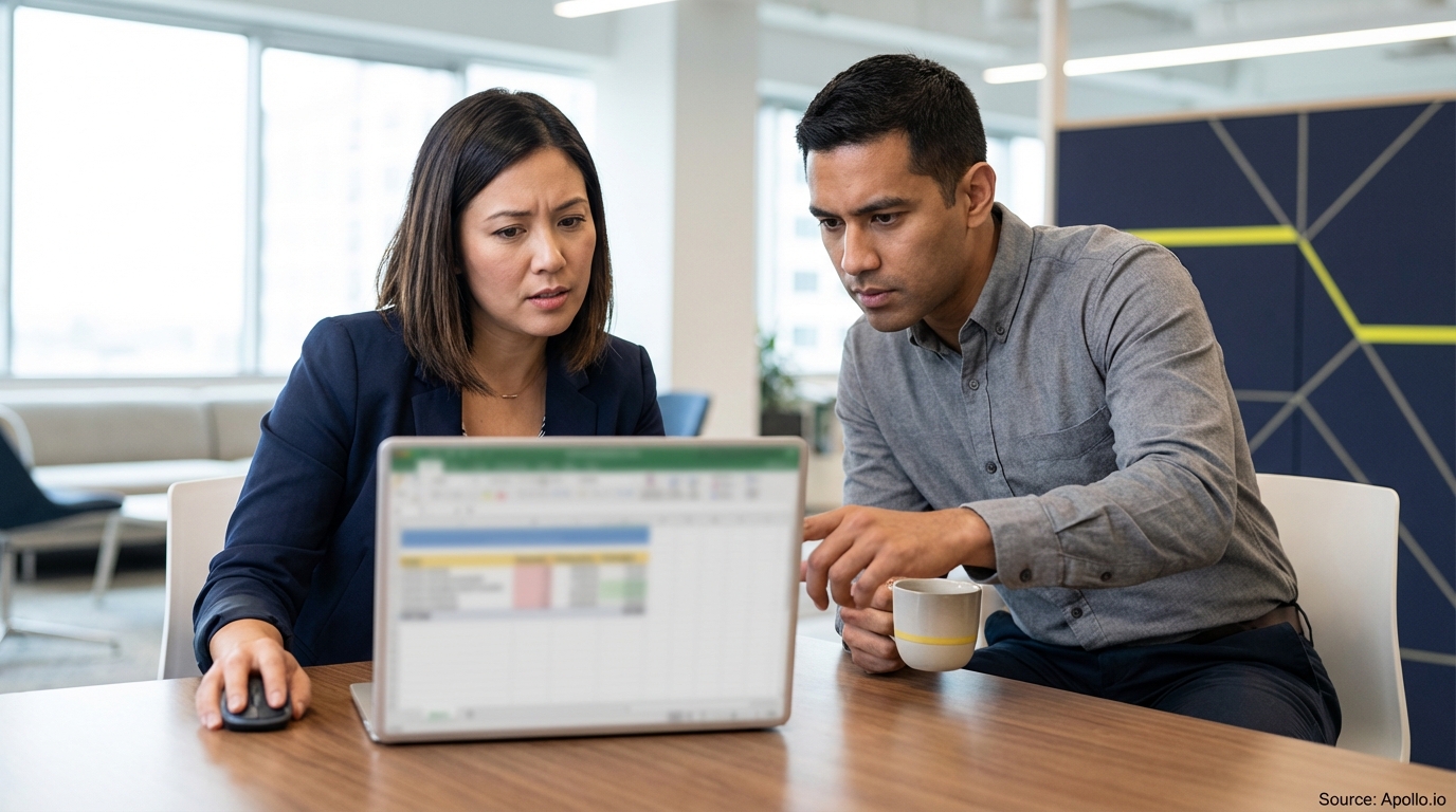 Two professionals intently collaborate, looking at a laptop screen together in a modern office.