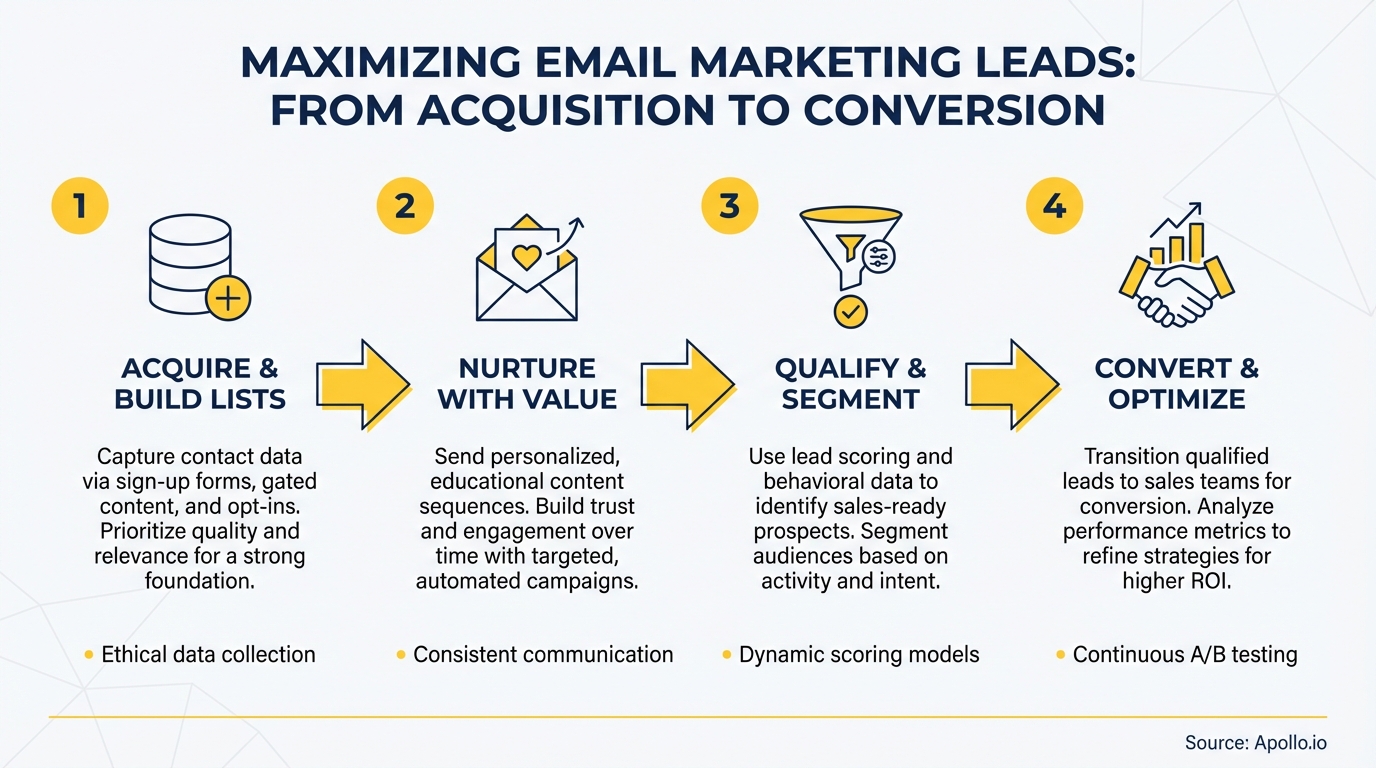 Infographic illustrating four steps for email marketing lead acquisition to conversion.