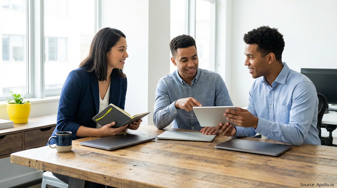 Three colleagues collaborate around a tablet at a wooden office table.