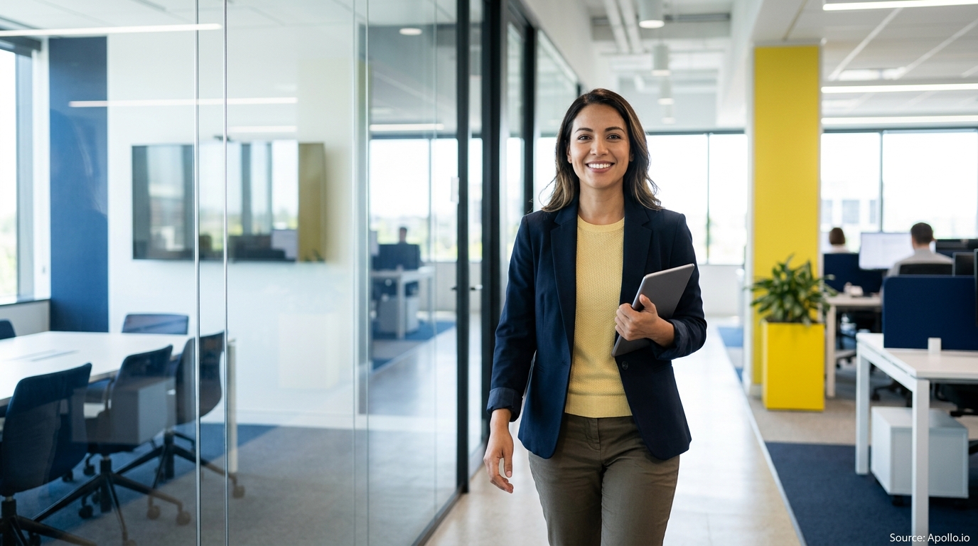 A smiling professional walks through a modern office holding a tablet, with colleagues working in the background.