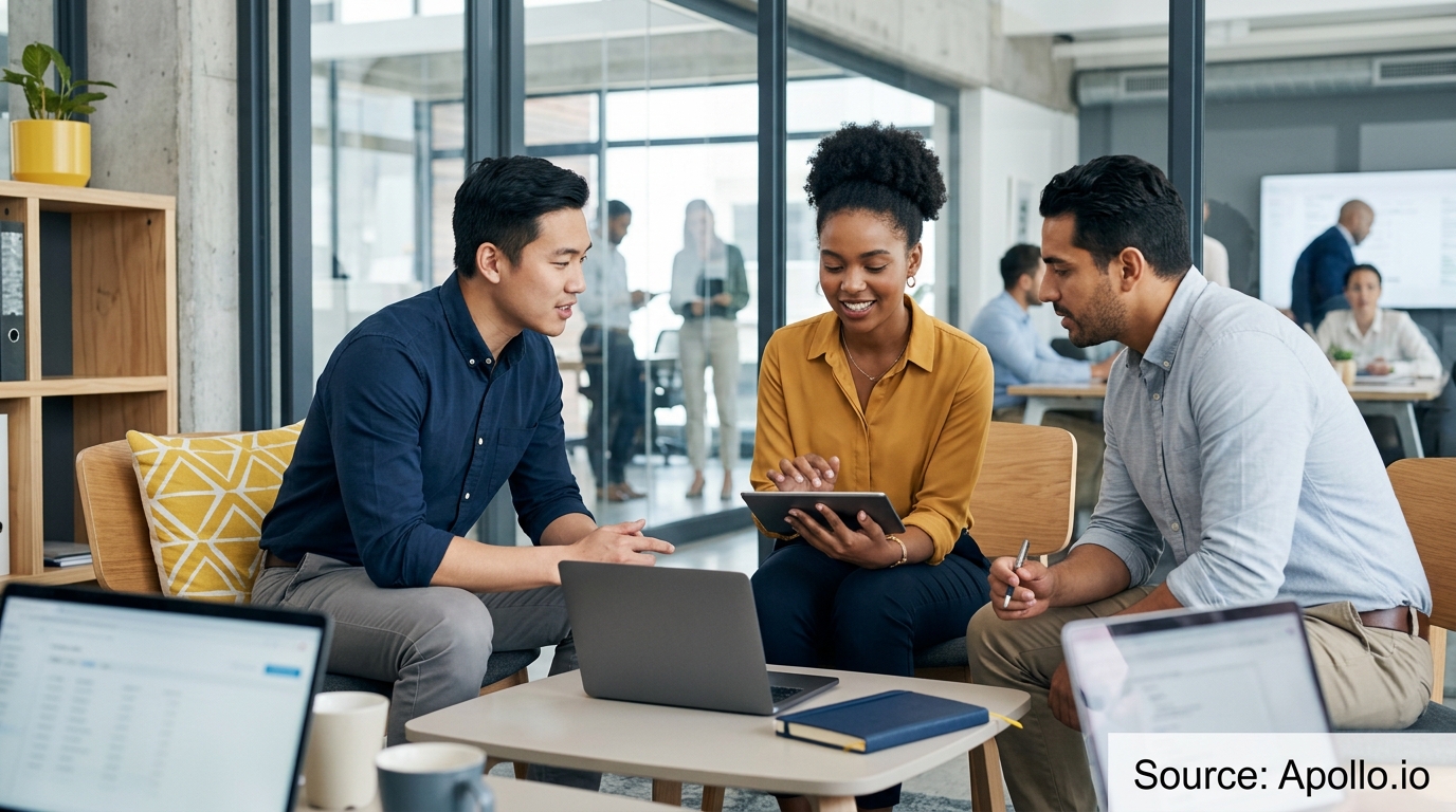 Three professionals collaborate using a tablet and laptop in a bright, modern office setting.