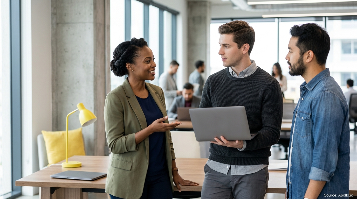 Three diverse professionals discuss data on a laptop in a bright, modern open-plan office.