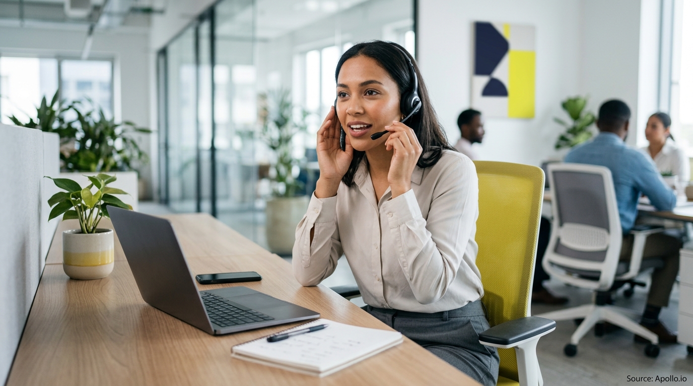 A woman wearing a headset speaks at her desk while three colleagues work in a bright, modern office.