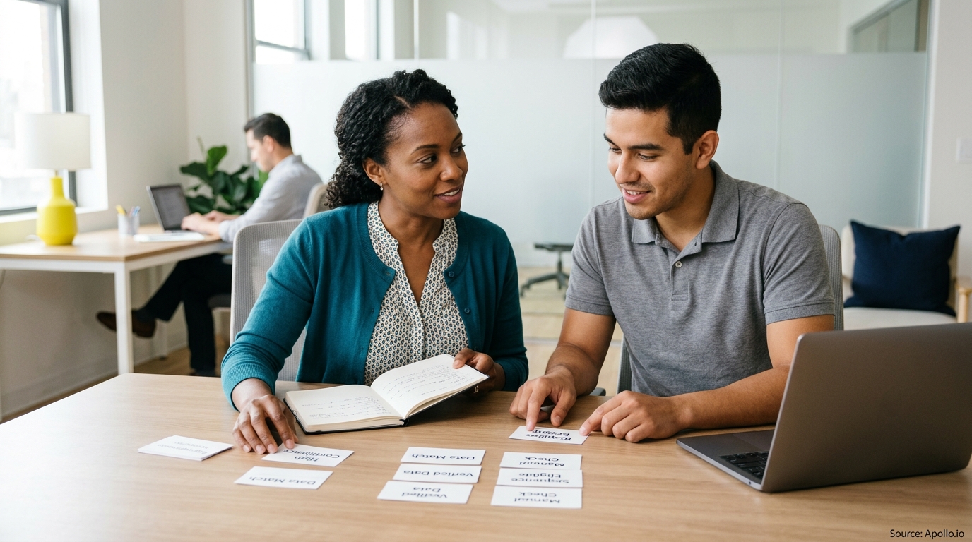 Three professionals collaborate at a wooden desk in a bright office, reviewing notes and cards together.