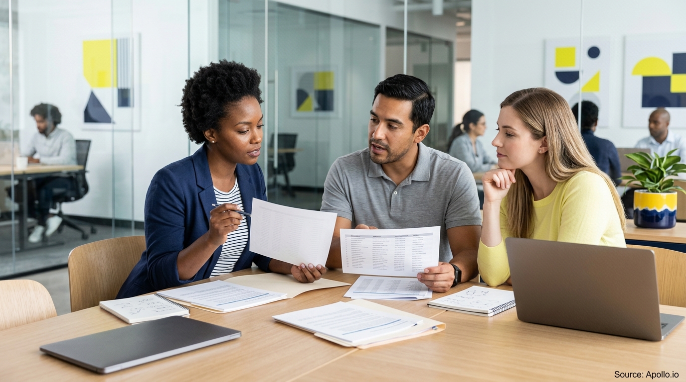Three professionals review and discuss printed data records at a table in a bright, modern office.