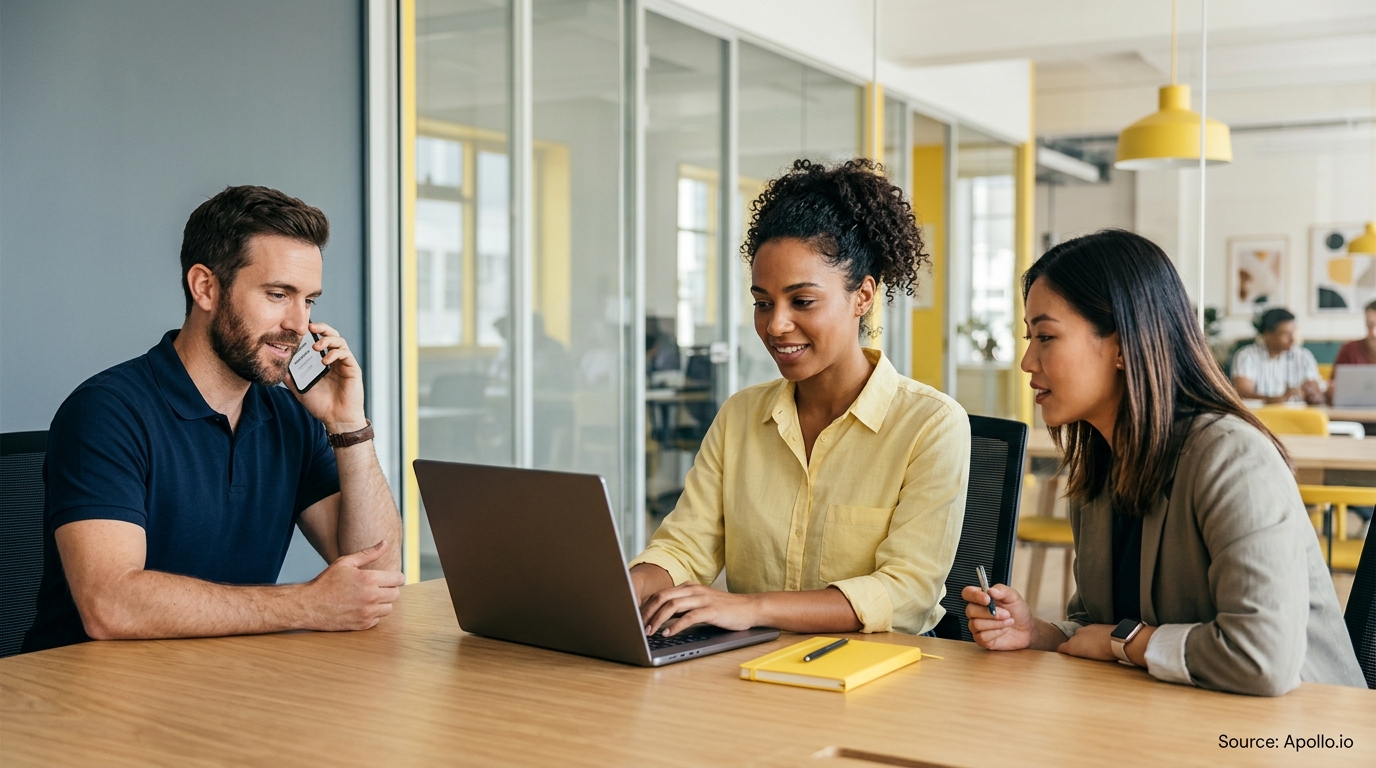 Three professionals collaborate around a laptop and phone at a wooden desk in a modern office setting.