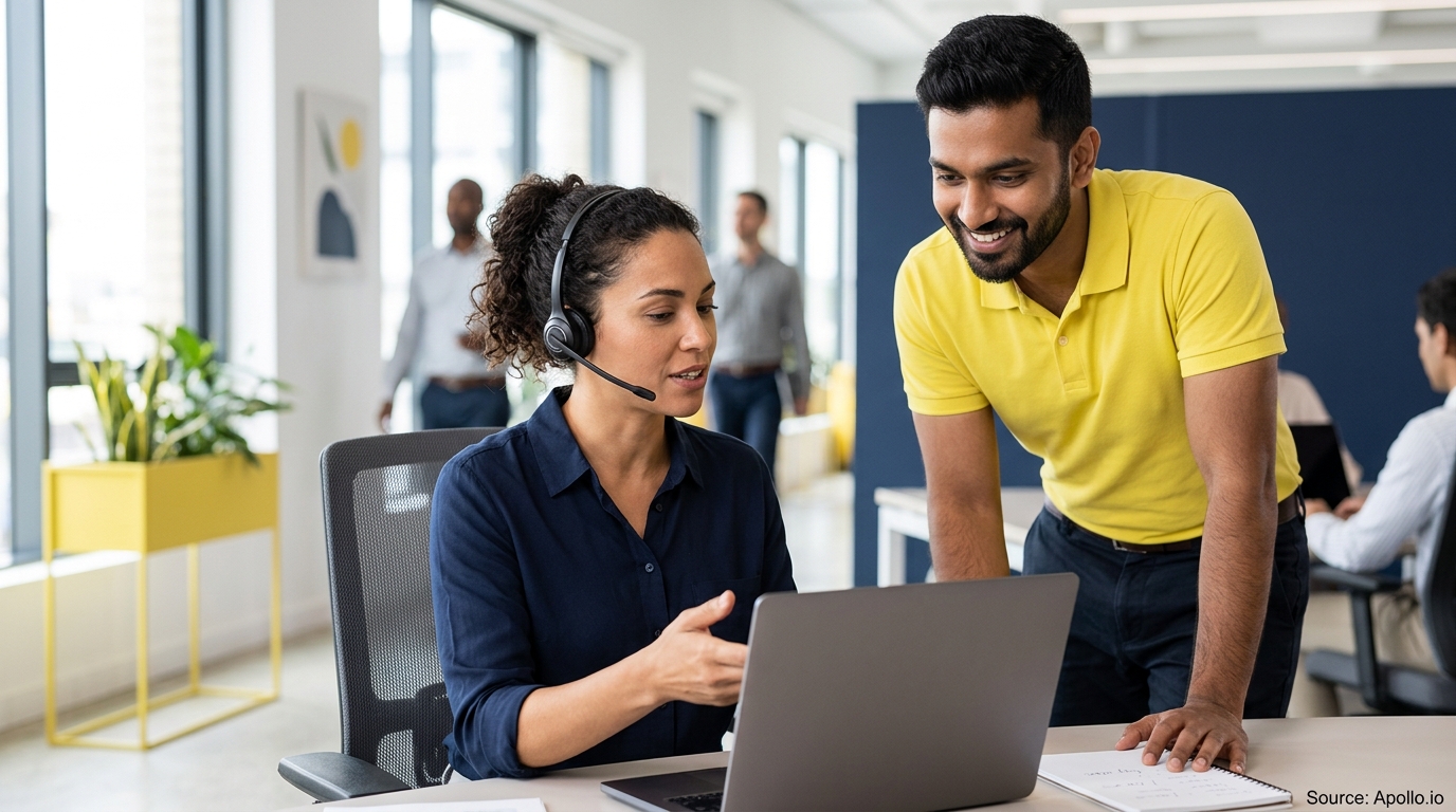 Two colleagues review information on a laptop screen in a bright, modern office with coworkers in the background.