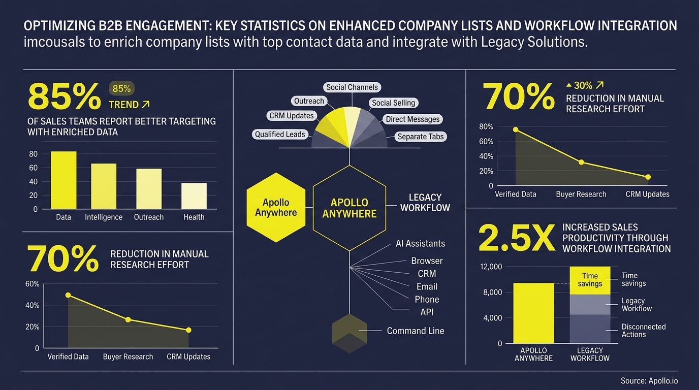 Infographic displays yellow charts and a central diagram highlighting statistics for sales targeting and integrated data workflow efficiency.
