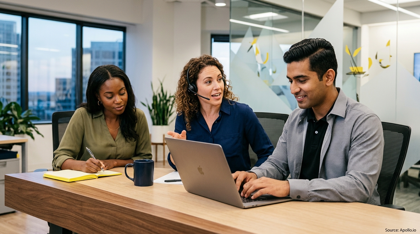 Three diverse professionals collaborate at a modern office desk using a laptop, headset, and notebook.