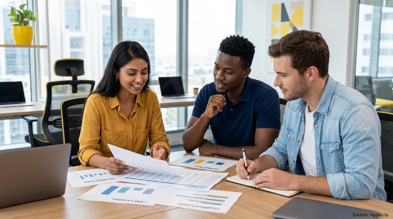 Three professionals analyze printed data charts and spreadsheets together at a table in a bright, modern office.