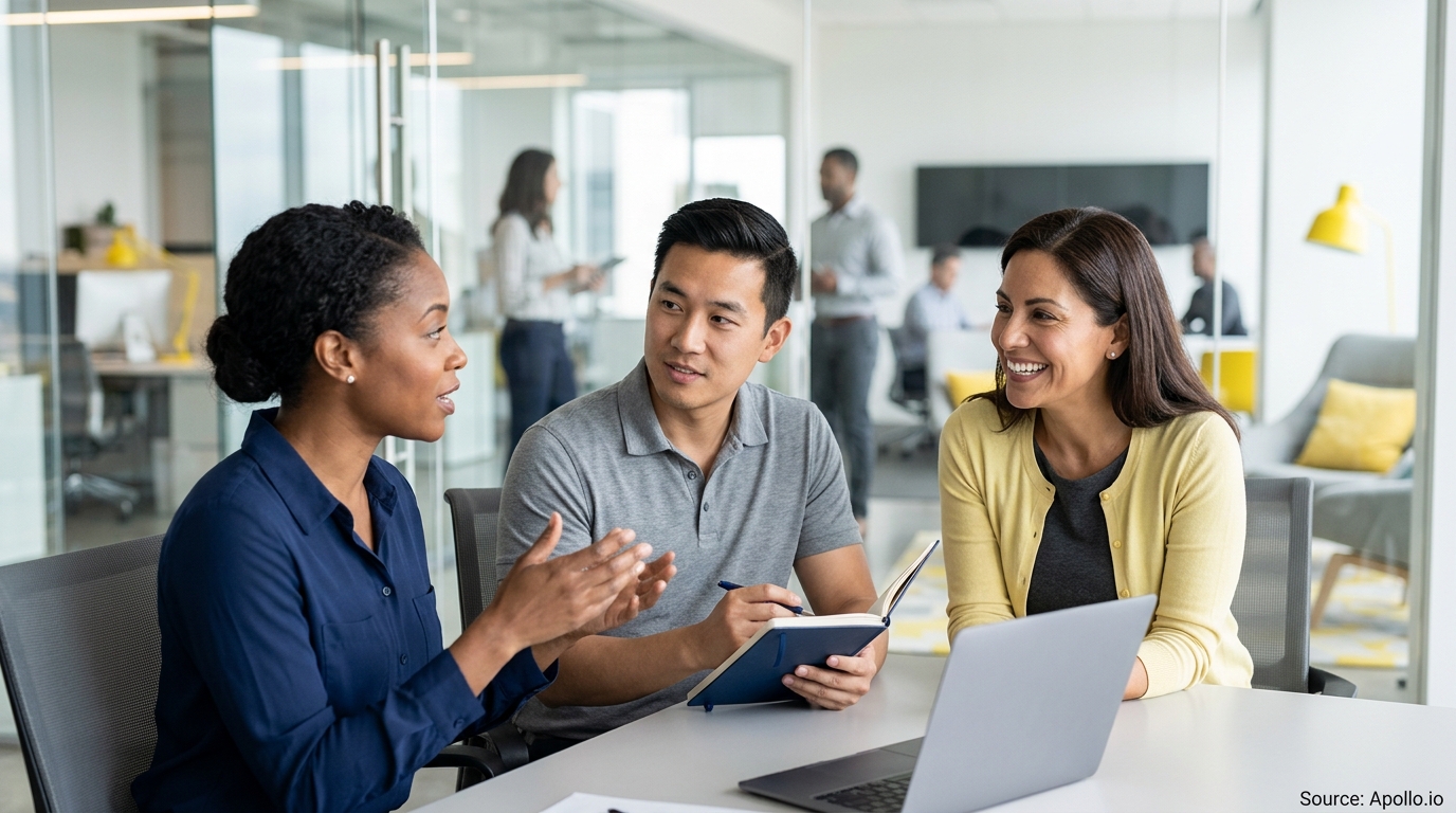 Three professionals collaborate around a laptop and notebook in a bright, modern office environment.