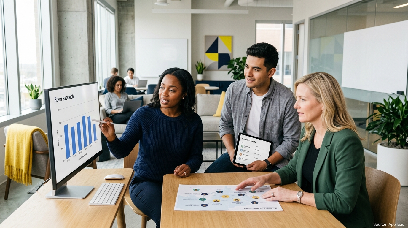 Three professionals analyze data and buyer research on a monitor and tablet in a bright, modern office.