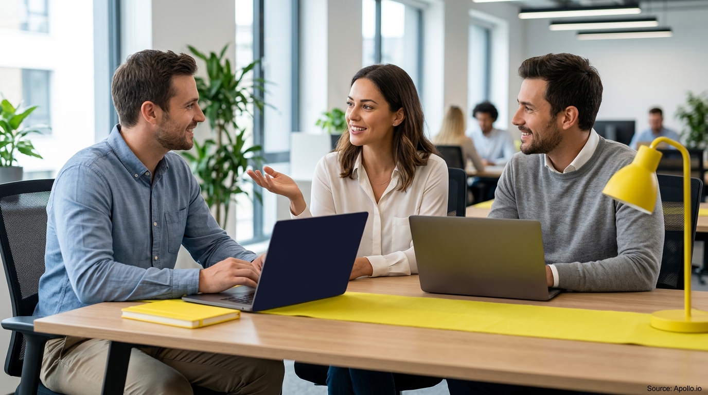 Three colleagues talk and collaborate at a desk with laptops in a bright, modern office setting.