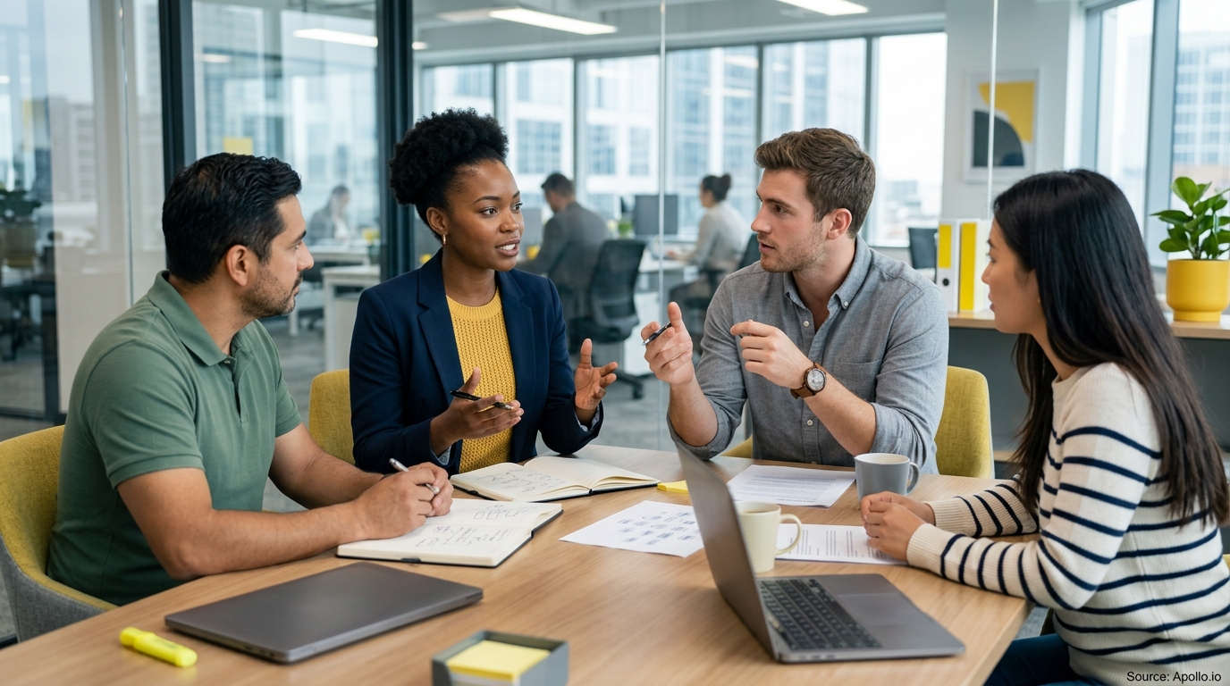Four diverse professionals collaborate and review documents at a wooden table in a bright, modern office.