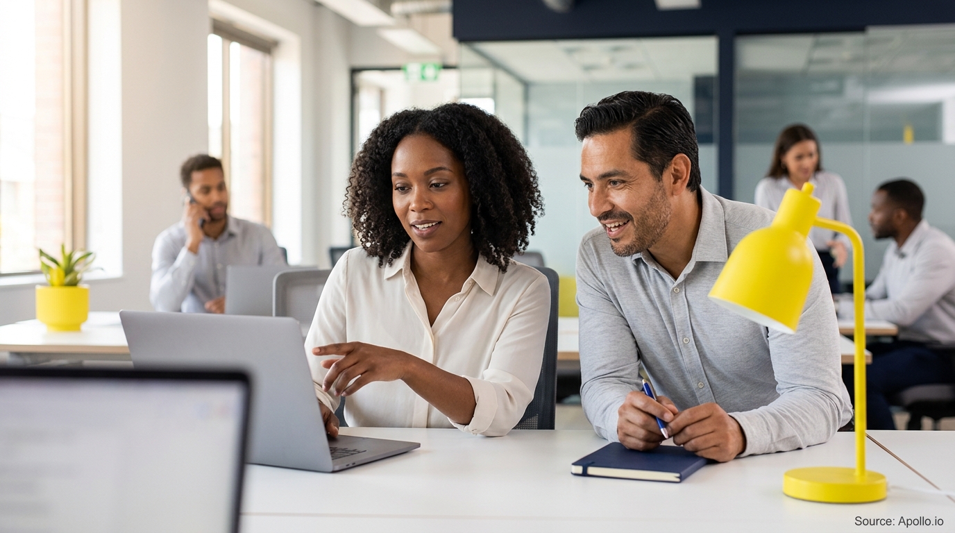 Five professionals work in a bright, modern office while two colleagues collaborate over a laptop at a desk.