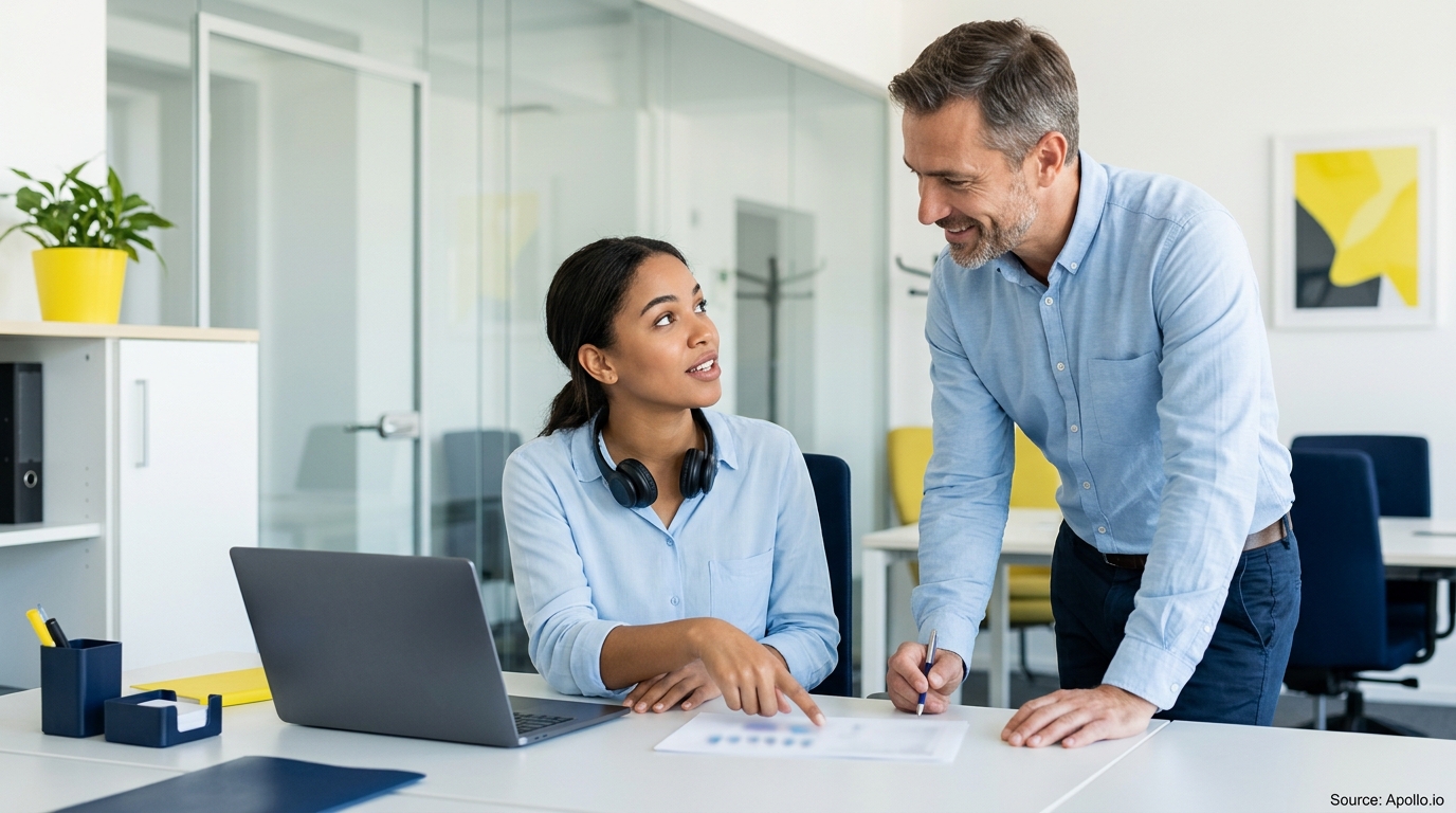 Two professionals review a document at a desk in a bright, modern office setting.